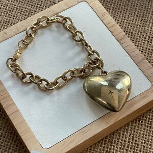 Vintage Gold-Tone Heart Charm Bracelet With Lobster Clasp & Chain Link Design